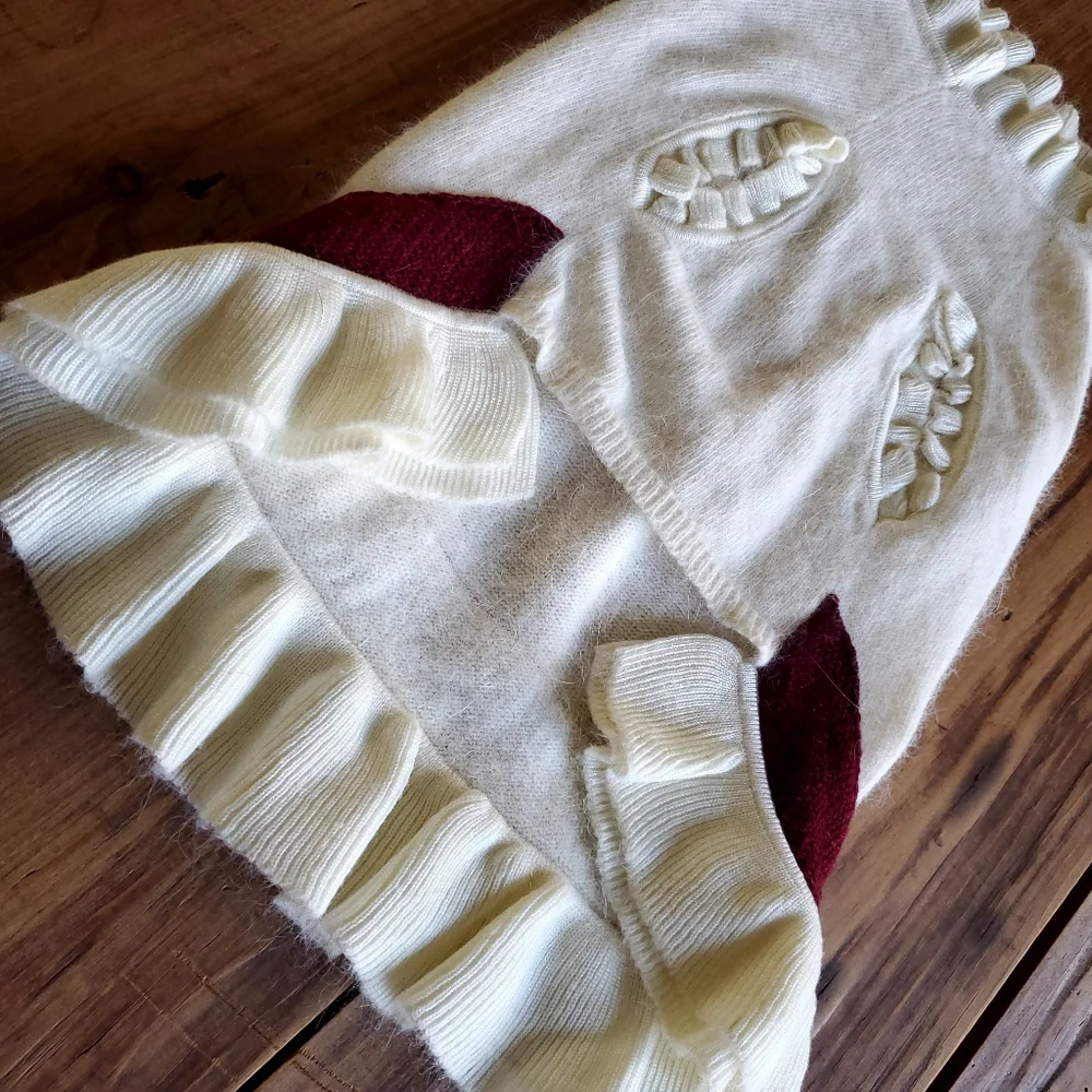 Frou Frou Holiday Dog Outfit Cream and Red Sweater with Ruffle trim
